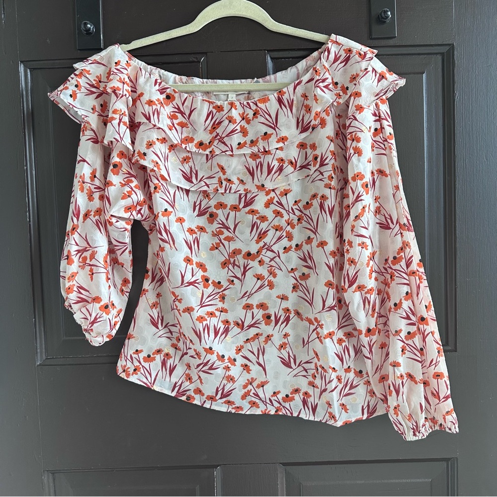 Maje One Shoulder Floral Ruffle Blouse Size 2 NWT